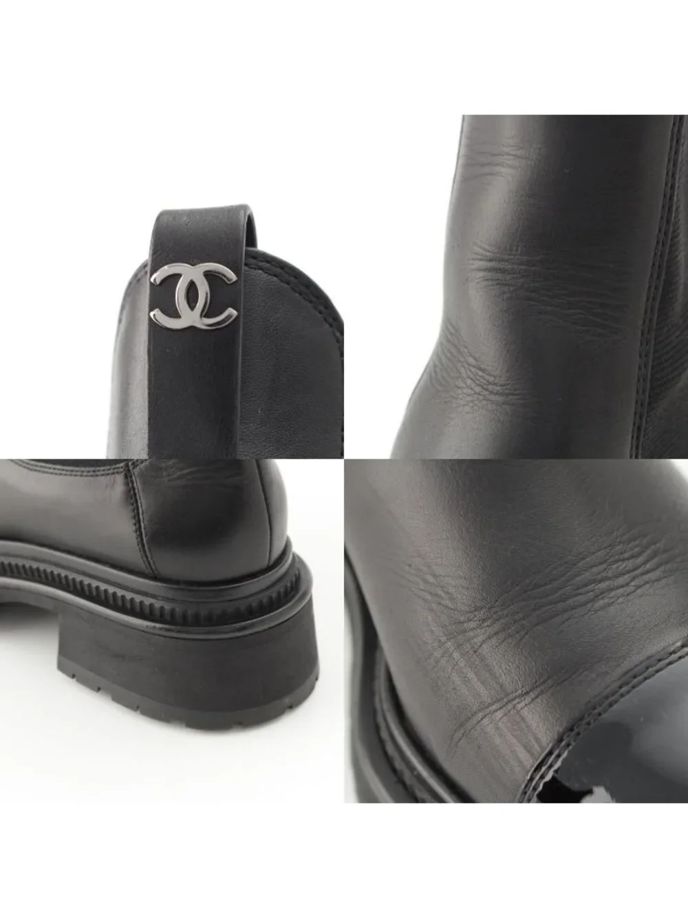 Chanel Leather CC Logo Side Gore Short Boots Shoes Black 36c